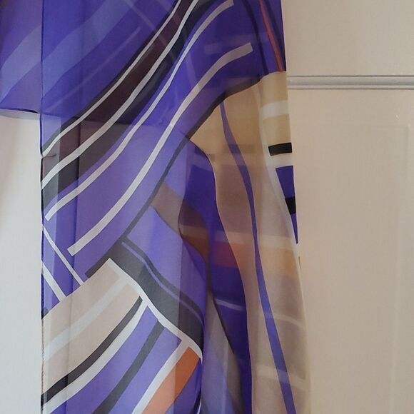 ANNE KLEIN SILK GEOMETRIC GRAPHIC SCARF WRAP PURPLE BLACK WHITE TAN ORANGE - Picture 2 of 11